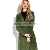 Army Green Open Front Self Belted Below Knee Lady's Winter Trench Coat thumbnail-4