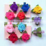 China Factory Price Assorted Modern Design Pink Rose Flower Fabric Hair Pin Wool Felt Clip Hair With Green Leaf for Children thumbnail-3