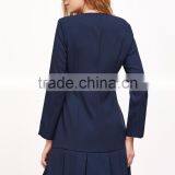 Navy Double Breasted Pleated Hem Dress Polyester Spandex Long Sleeve V Neck Casual Plain Dress thumbnail-3
