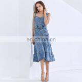 TWOTWINSTYLE Square Collar Sleeveless High Waist Cross Sling Midi Ladies Denim Dresses thumbnail-5
