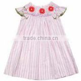 Embroidery Children Clothing smocked clothes girls pink striped flutter sleeve dress Baby Girls Dresses