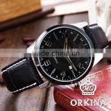 Orkina Mens Black Leather Stainless Steel Case Chrono Date Display Analog Sport Quartz Wrist Watch thumbnail-4