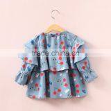 2017 Girls Denim Ruffle Raglan Tops With Cherry Printed Children Clothing Manufacturers China thumbnail-2