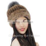 CX-C-239R Spring/Winter Lady Mink Fur Knitted Hat With Genuine Fox Fur Pom Poms thumbnail-4