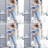 2017 New Arrival Fashion Design Women Stripe off the Shoulder High Low Long Sleeve Blouse thumbnail-3