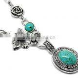 Vintage Summer Butterfly Flower Turquoise Cabochon Necklace Turquoise Earring Beautiful Jewelry Set thumbnail-2