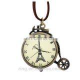 Vintage Eiffel Tower Logo Bronze Pocket Watch With Leather Chain thumbnail-1
