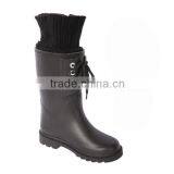 women black rubber rain boots with knitted collar lace up gum boots