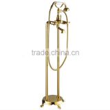 High Quality Dual Handle Brass Floor Stand Faucet With Hand Shower & Hose, Polish and Gold Color