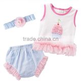 Wholesale Brand Summer Toddler Infant Girls Birthday Party Outfits Headband+Top+ Bloomers Kids Newborn Clothes