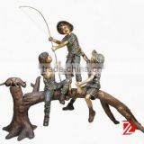 Bronze Garden Statue Boys Fishing Outdoor With a Cat thumbnail-1
