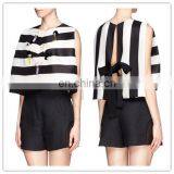 High Quality Voluminous Silhouette Open Back Ribbon Tie Sleeveless Stripe Girls Top (16110805)