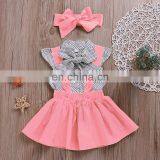 Spot Pattern Top With Plain Color Gallus Dress and Headband 3pcs Girls Suit Wholesale Price thumbnail-6