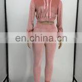 Women Fashion Front Zipper Autumn Winter Long Sleeve Crop Top Outfits Jacket Tracksuits Velvet Two Piece Sets thumbnail-1