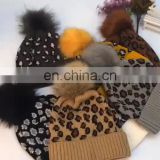 2020 Fashion Warm Comfortable Light Tan Black Autumn Leopard Print Fur Ball Winter Knitted Hat