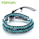 Topearl Jewelry 2016 Potato Shape Blue Freshwater Pearl Bracelet Woven Leather Wrap Funky Bracelets for Girls CLL161