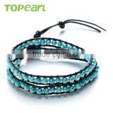 Topearl Jewelry 2016 Potato Shape Blue Freshwater Pearl Bracelet Woven Leather Wrap Funky Bracelets for Girls CLL161 thumbnail-1