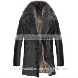 Mens Winter Sheepskin Shearling Leather Coat With Raccoon Fur Trim Black thumbnail-1