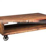 INDUSTRIAL WOODEN CUBE RUSTIC OLD WOOD COFFEE TABLE WITH WHEELS , thumbnail-1