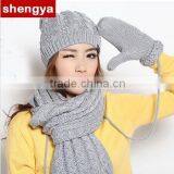 2015 New Design Warm Cable Needle Three-piece Suit Knitted Beanie Hat With Pompom