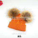 Stylish Kids Double Balls Winter Warm Wholesale Beanie Hats With Raccoon Fur Ball thumbnail-3