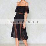 Wholesale Oem Custom Fashion Women Black Mesh off Shoulder Maxi Dress thumbnail-2