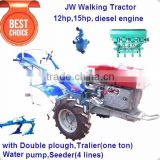 12hp 15hp 18hp walking tractor,moto cultor,diesel engine,with Double plough,Tralier(one ton),Water pump,Seeder(4 lines),