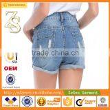 Hot Sale Women Apparel Europe Importer Customized Light Blue Ripped Folding Hem Shorts Jeans thumbnail-2