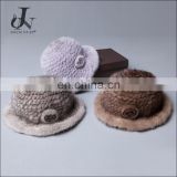Lady's Genuine Knitted Mink Fur Crochet Cap with Flower ornament Hats