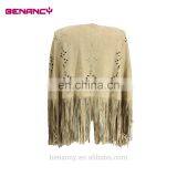 Wholesale Camel Color Laser Cut Suede Long Cardigan With Fringe thumbnail-6