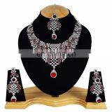 Designer Silver Plated Indian Handmade Party wear Kundan Zerconic Necklace set Dark Red Color