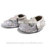 Silver Sequin Charcoal Fringe Baby Leather Moccasins,Toddler Leather Baby Shoes thumbnail-2
