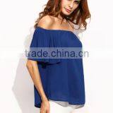 Blouses Latest Fashion Design Women Clothing Royal Blue Pleated Sleeve Off The Shoulder Blouse thumbnail-5