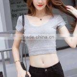 2016 Latest Fashion Sexy Women Short Sleeve High Waist Solid Color Belly Button Low Curves Slim Tight T- Shirt thumbnail-2