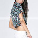 Custom OEM Service Women All Over Printed Swallow Tail Short Sleeve Lady Blouse & Top With Stand Collar thumbnail-4