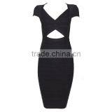 Europe New Sexy V-Neck Midriff Cutout Cap Sleeve Knee Length All Black Feminine Sheath Bandage Dress Plus Size H935 thumbnail-3