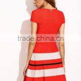 Red Striped Print Cap Sleeve A Line Dress 95% Polyester 5% Spandex Elegant Zip Short Dress thumbnail-4