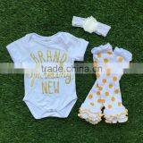 Baby Girls Boutique Clothing Infant Girl Kids Clothes White Gold Dot Brand Romper With Matching Headband and Legwarmer Set thumbnail-1