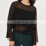 Gorgeous Cropped Flute Crinkle Sleeve Black Semi Sheer Blouse thumbnail-2