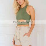 Cotton Crop Top Tank Top Hollow Plain Dyed Solid Army Green Sold By PC thumbnail-1