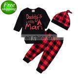 "Daddy's Little Man" 2019 Boys Black Rompers Outfits & Kids Plaid Full Print Pants & Baby Hat 3pc Set