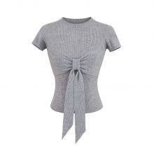 2025 Spring and Summer Full Shoulder Short-sleeved Round-neck T-shirt Women's Chest Bow Design Sense Slim Knitted Tie Top thumbnail-2