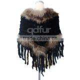 QD200121 Excellent Quality Women Wear Knit Winter Rabbit Fur Ponchos Sale With Raccoon Dog Fur Trim Long Fringes thumbnail-3