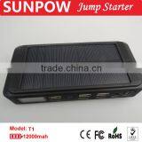 sunpow 2015 best car accessory solar energy emergency power 12000mah lithium battery 12v car jump starter with Air compressor