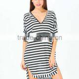 2015 Summer/Autumn Women Asymmetrical Knee Length Black White Striped V Neck Loose Dress