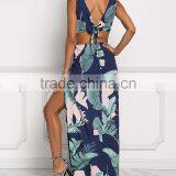 Navy Tie Back Leaf Print Women Maxi Long Party Dress Girls Without Dress Sex Picture HSd5187 thumbnail-6