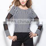 2017 Latest Fashion Women's Tee Shirt Korean Slim Vertical Stripes Stitching Female Blouse Shirt With Mesh Long Sleeve thumbnail-4