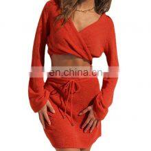 2021 Cross-border New Product Pure Color Women's Fashion Twisted Long Sleeve V-neck Sexy Top Drawstring Short Skirt Autumn Set thumbnail-1