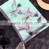 Fashion Beautiful Bird Print Large Thin Plain Cotton Square Scarf With Tassels thumbnail-4