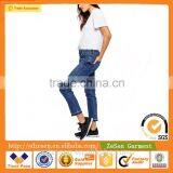 Wholesale Denim Five Pockets Boyfriend Jeans With Let Down Hem In Mid Wash Blue For Women thumbnail-2